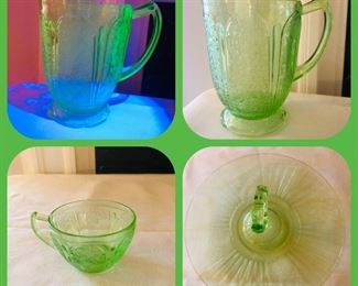 Uranium glass
All are Cherry blossom except the sandwich plate which is Mayfair