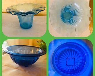 Aqua Blue Mayfair Depression Glass Fruit Bowl Anchor Hocking Open Rose
Vintage Hazel Atlas blue cobalt depression glass bowl