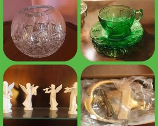 Crystal acid etched rose bowl
Set of 4 green Jeanette cherry blossom cup/saucer
Angel band figurines
NIB Baldwin brass door knocker