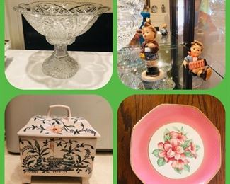 Crystal compote bowl/ pedestal seperate
Hummel figurines
Hand painted mottahedeh design s.3562 lidded/footed dish made in Portugal
The Greenbrier plate white sulfur springs West Virginia