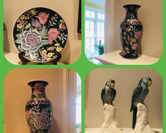 Decorative plate and pair of vases
Pair of porcelain parrot figurines