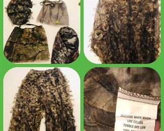 Hunting camouflage head gear
Hunting camouflage leafy shirt
Hunting camouflage leafy pants
