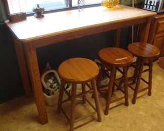 Oak counter height table with 3 solid oak stools