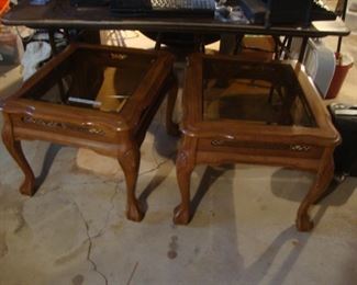 Matched pair of solid oak end tables with claw feet