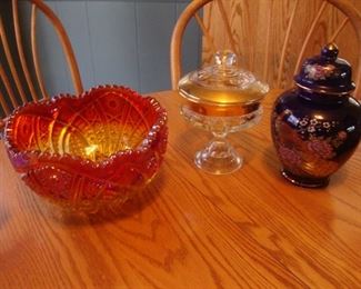 Carnival glass bowl, King's Crown compote,  oriental ginger jar