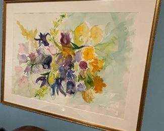 Floral watercolor signed J. Peterson '74. Measures 24"x17", framed 30"x21" $100