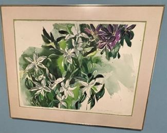 Watercolor of Clematis flowers, signed, measures 30"x22", framed 36"x29" $100