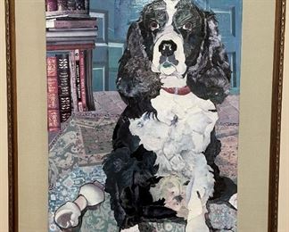 Decoupage art (layered imagery) of dog, measures 16"x20", mounted on top of a linen frame measuring 23"x28" and signed by Marjorie Pesek. $100
