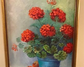 Oil painting of Geraniums signed by J. Ahrons, measures 19"x25" $50