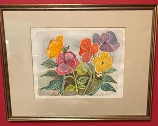 Watercolor of flowers signed J. Blegen, measures 15"x11", framed 24"x19" $50
