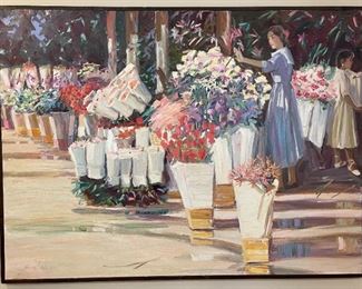 Original Oil on Canvas by Edward Walker "Flower Stand", measures 70"x51", signed. $375