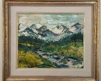 Oil on canvas of mountain and river landscape, no signature. 23"x19", framed 33"x28" $150
