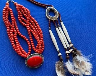 Beaded and feather costume necklaces, $20