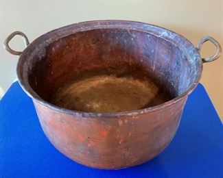 Copper pot with brass handles, 15" diameter, 9" tall, $20