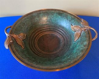 Art Deco Bronze Handle Bowl by Carl Sorensen. Displays a verdigris patina finish with bronze details. Dimensions: 12.5" wide, 3" deep. $75