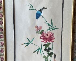 Hand painted flower and bird on silk, framed and signed. 14"x20" $40