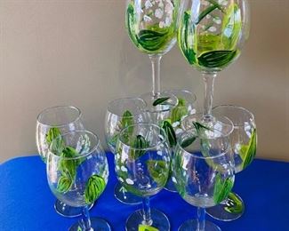 Hand painted wine glasses, lilies of the valley, 9 total. $20