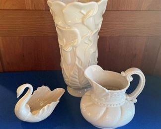 Lenox vase, pitcher and swan dish. $45