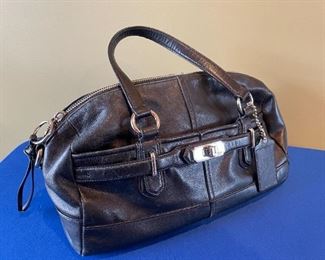 Coach Chelsea Reese Parchment handbag black purse leather satchel.  (long strap not included, tiny red dot, maybe nail polish on corner).  good condition $35