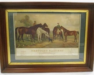 19TH CENTURY LITHOGRAPH AFTER W.F. ATTWOOD - TROTTING GALLERY. DEPICTS FAMOUS HORSES GEO.M.PATCHEN, LADY SUFFOLK, PRINCESS, ETHAN ALLEN AND FLORA TEMPLE. PUBLISHED 1860 BY BREWSTER & CO, NY. FRAME IS 26.5" X 36"