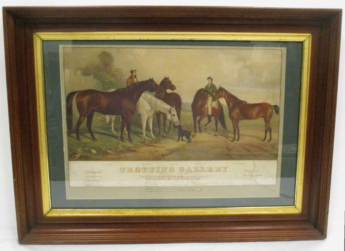 19TH CENTURY LITHOGRAPH AFTER W.F. ATTWOOD - TROTTING GALLERY. DEPICTS FAMOUS HORSES GEO.M.PATCHEN, LADY SUFFOLK, PRINCESS, ETHAN ALLEN AND FLORA TEMPLE. PUBLISHED 1860 BY BREWSTER & CO, NY. FRAME IS 26.5" X 36"