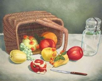  STILL LIFE OIL ON PANEL OF A FRUIT BASKET AND CANNING JAR. SIGNED 'SHAFFNER' LOWER RIGHT. FRAME IS 26.25" X 35.5"