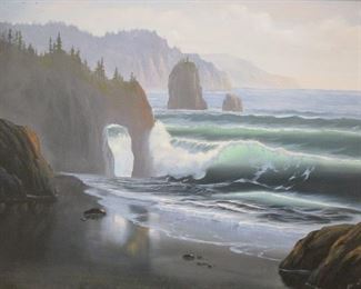  HELENE BODINE PNW COASTAL OCEAN SURF PAINTING ON CANVAS. 18" X 24". Some spots of paint in upper left sky area