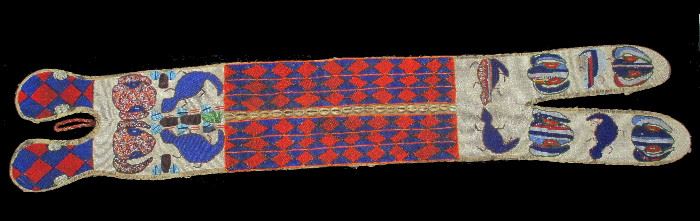 YORUBA AFRICAN BEADED SASH. HAND MADE. IMAGES OF RAMS AND LIZARDS AND A COWRY SHELL SPINE. 55.75" LONG