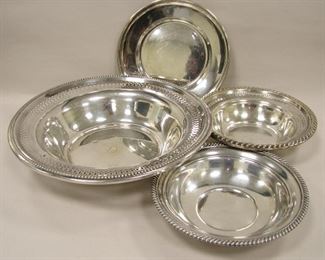 THREE STERLING SILVER BOWLS AND ONE PLATE - BY FARMINGTON, , LA PIERRE AND GORHAM. LARGEST BOWL 9". TWO BOWLS AND PLATE HAVE SMALL DENTS FROM USE. 12.77 TROY OUNCES.
