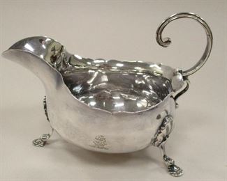 BRITISH STERLING SILVER SMALL SAUCE BOAT, AS IS, BACK LEG REPAIR VISIBLE INSIDE. GEORGIAN PERIOD CHESTER HALLMARKS. 4.75" LONG, 3.5" TALL. 2.77 TROY OZ