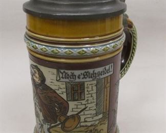  METTLACH GERMAN STEIN GES. GESCH #1995. 8" TALL TO THE TIP OF THE PEWTER HANDLE