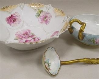R.S. PRUSSIA AND BAVARIA BOWLS AND HAND PAINTED LADLE. LARGEST BOWL IS 10.25" DIA