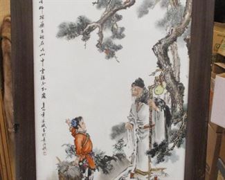 CHINESE PAINTING ON GLASS. FRAME IS 21.5" X 36". SOME NICKS ON FRAME EDGES. 20TH C
