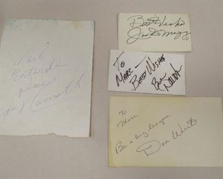 FOUR AUTOGRAPHS ON BUSINESS CARDS AND PAPER. APPEARING TO READ JOE NAMATH AND JOE DIMAGGIO