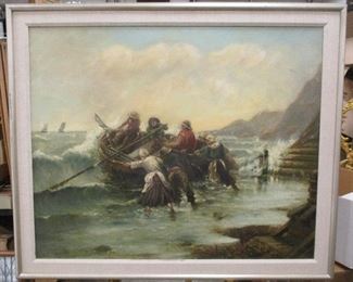 OIL ON MASONITE PANEL, PUSHING A ROW BOAT OUT TO SEA. SIGNED LOUIS HERTEL. FRAME IS 32.75" X 39.5"