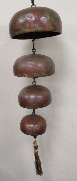  SET OF FOUR CHINESE ANTIQUE CASCADING TEMPLE BELLS. LARGEST ONE IS 8" DIAMETER, SOME DENTS FROM USE