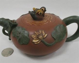 CHINESE DUCK & LOTUS POND PURPLE CLAY TEAPOT. 5" DIA EXCLUDING HANDLES, IMPRESSED SIGNATURE ON LID AND BASE