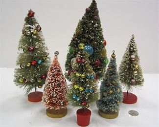 BOTTLE BRUSH TREES WITH BLOWN GLASS BALLS, TALLEST IS 10.25"