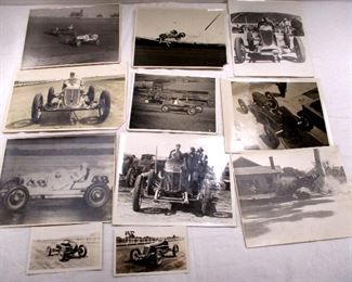 1930'S RACE CAR PHOTOS. 11 TOTAL. ALL SHOW AGE RELATED WEAR, EIGHT HAVE WEAR OR STRAIGHT PIN HOLES IN CORNERS. TWO SNAP SHOTS ARE BEAR STUDIO APH 1 1933, TWO STAMPED TED WILSON, ONE OVERSIZED BEAR PHOTO SERVICE. LARGEST 8 X 10"