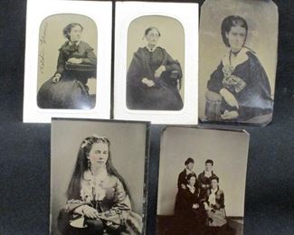 FIVE ANTIQUE TIN TYPES OF WOMEN. LARGEST 2.5 X 4.25"