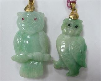 TWO 'JADEITE' OWL PENDANTS, CLASP MARKED 585. 1 3/8" TALL