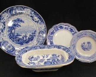 ANTIQUE ENGLISH BLUE & WHITE PORCELAIN: HERCULANEUM (1796- 1840) LANCASTER 9.75" PLATE, A FLOW BLUE 6.75" PLATE, AN UNSIGNED BLUE WILLOW BOWL AND A 5.5" PLATE WITH BRITISH REGISTRY MARK. KILN CRACK UNDER FOOT OF BOWL