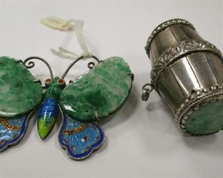 CHINESE SILVER BUTTERFLY PIN. ENAMELED AND SET WITH 'APPLE' JADE WINGS. 2" WIDE