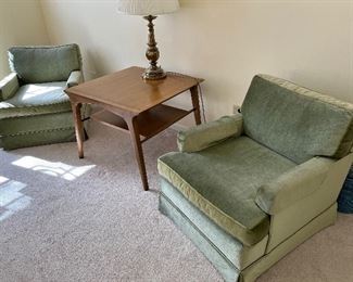 vintage pale green velour upholstered chairs and Drexel Profile corner table
