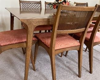MCM Drexel Profile dining room set includes extension dining table w/ 3 leaves, 6 side and 2 arm chairs, buffet