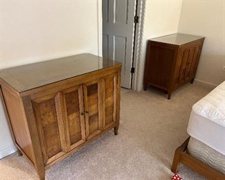 vintage MCM pair cabinets with glass tops 