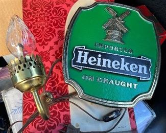 vintage barware, Heineken sign, Lite sign/clock, Christian Bros lamp, old liquor bottles & decanters