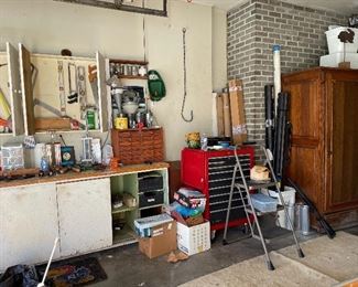 Craftsman tool box, levels, saws, huge hook, antique wood cabinet, travel rod cases