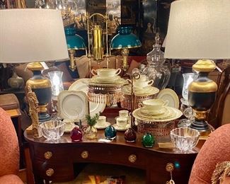 Kidney Shaped Writing Desk, Stunning Lamps and Royal Doulton China...four NINE piece place settings! 