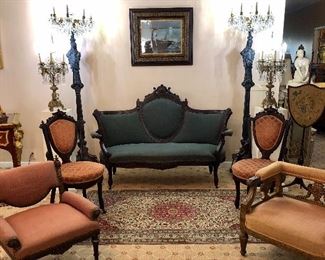 Victorian Walnut Shield Back Settee. Framed, untitled, Chromolithograph (c. late 19th-early 20th century, Matching Walnut chairs. Louis XVI period "Chauffeuse" or Low Fire Side Chairs (c. 1780)